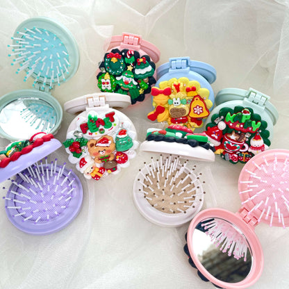 [Christmas 2025] Christmas Theme Kawaii Cute Convertible Foldable Mirror and Brush Combo Tool