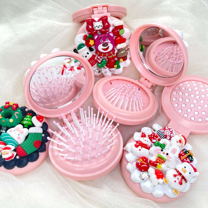 [Christmas 2025] Christmas Theme Kawaii Cute Convertible Foldable Mirror and Brush Combo Tool