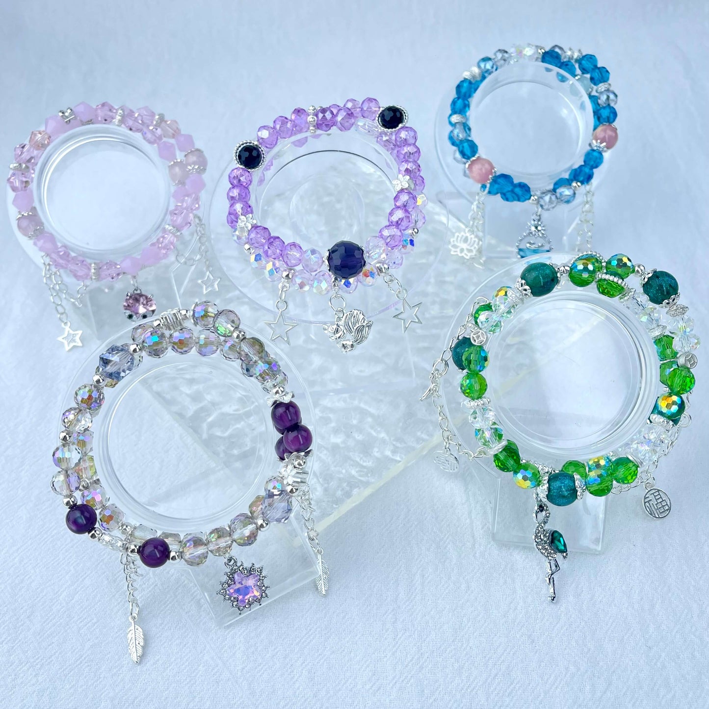 [New Arrival] Handmade Extra Glittering Crystal Glass Double-Ring Elastic Bracelets