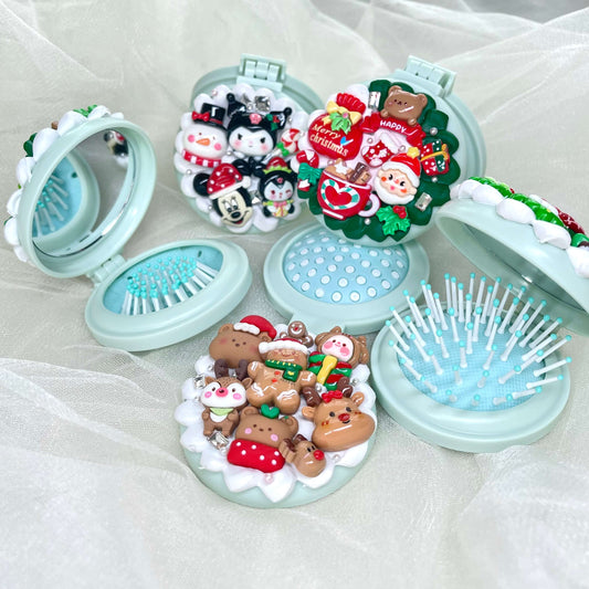 [Christmas 2025] Christmas Theme Kawaii Cute Convertible Foldable Mirror and Brush Combo Tool